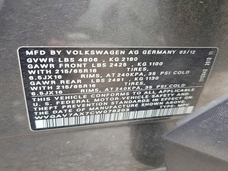 Продажа на аукционе авто 2012 Volkswagen Tiguan, vin: WVGAV7AX7CW078203, номер лота: 56633446