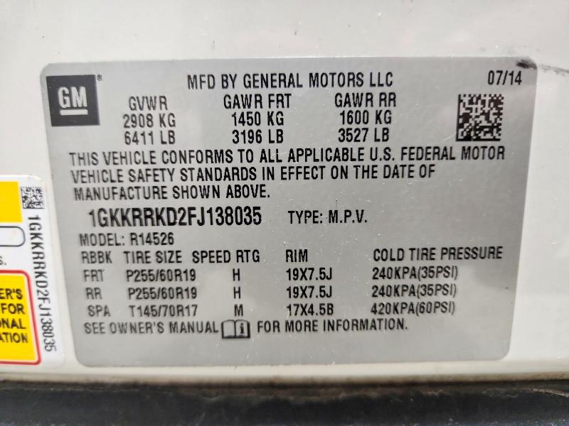 58511586 :رقم المزاد ، 1GKKRRKD2FJ138035 vin ، 2015 Gmc Acadia مزاد بيع