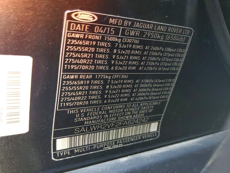 2015 Land Rover Range Rover Sport მანქანა იყიდება აუქციონზე, vin: SALWR2VF2FA624242, აუქციონის ნომერი: 85449395