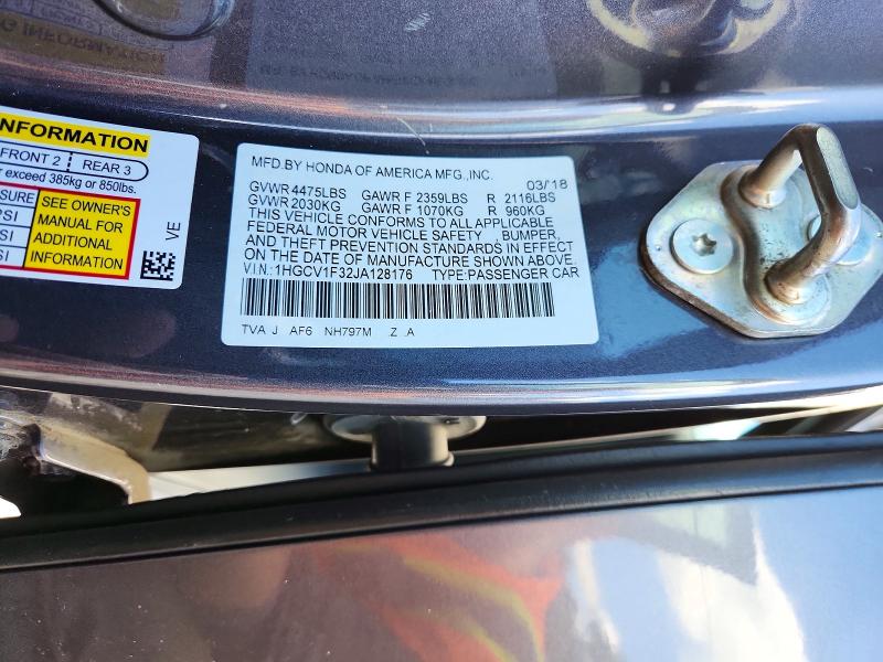 2018 Honda Accord მანქანა იყიდება აუქციონზე, vin: 1HGCV1F32JA128176, აუქციონის ნომერი: 57421416