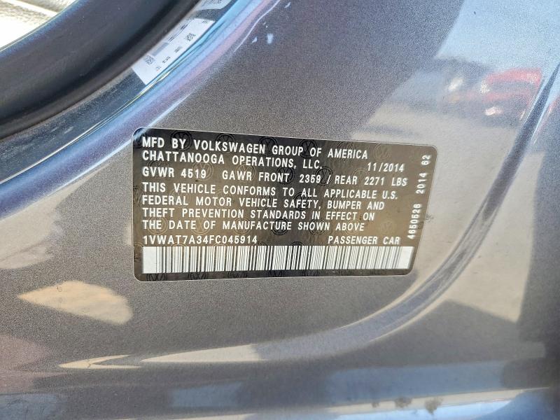 2015 Volkswagen Passat მანქანა იყიდება აუქციონზე, vin: 1VWAT7A34FC045914, აუქციონის ნომერი: 54125836