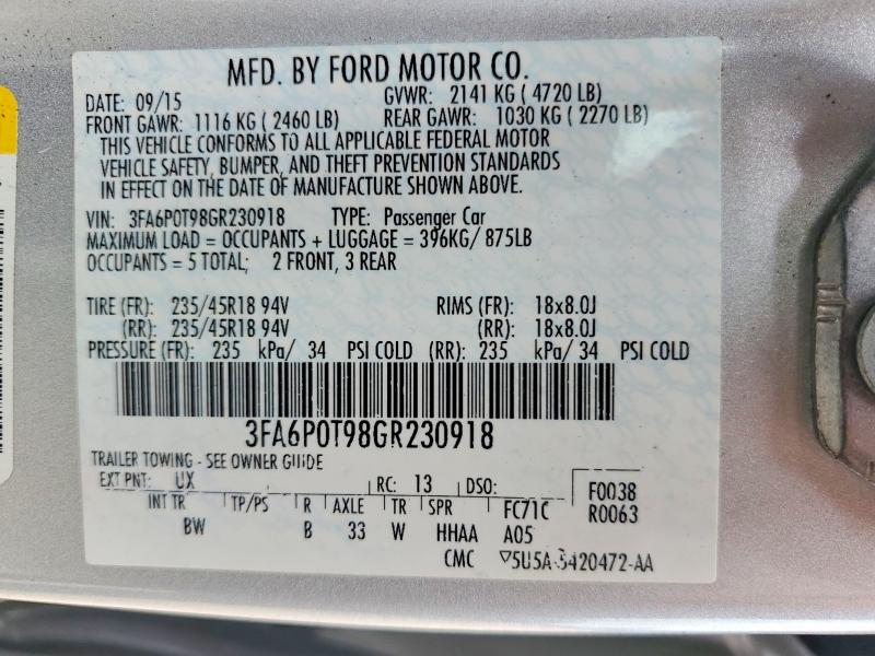54086756 :رقم المزاد ، 3FA6P0T98GR230918 vin ، 2016 Ford Fusion مزاد بيع