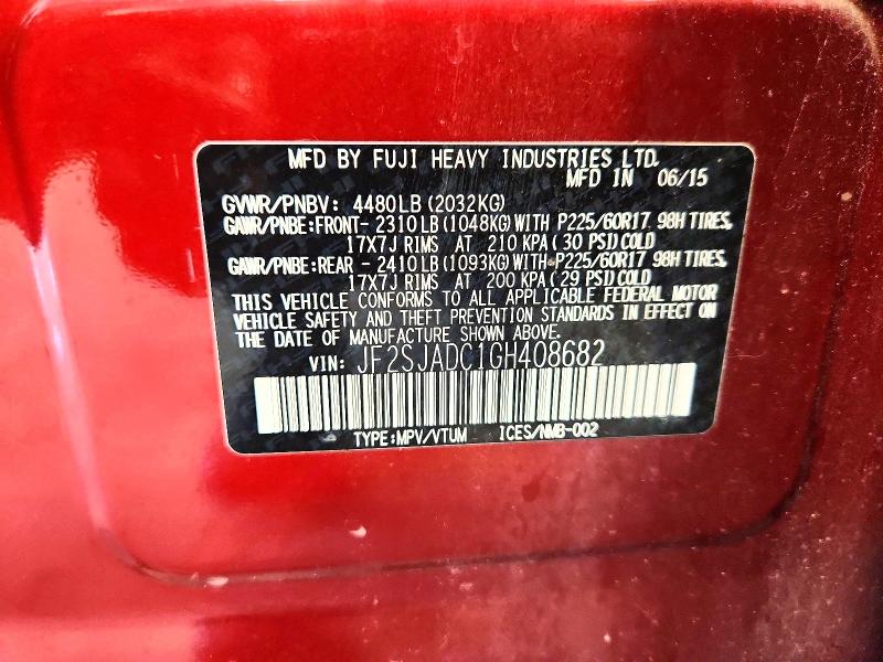 Продажа на аукционе авто 2016 Subaru Forester, vin: JF2SJADC1GH408682, номер лота: 58614316