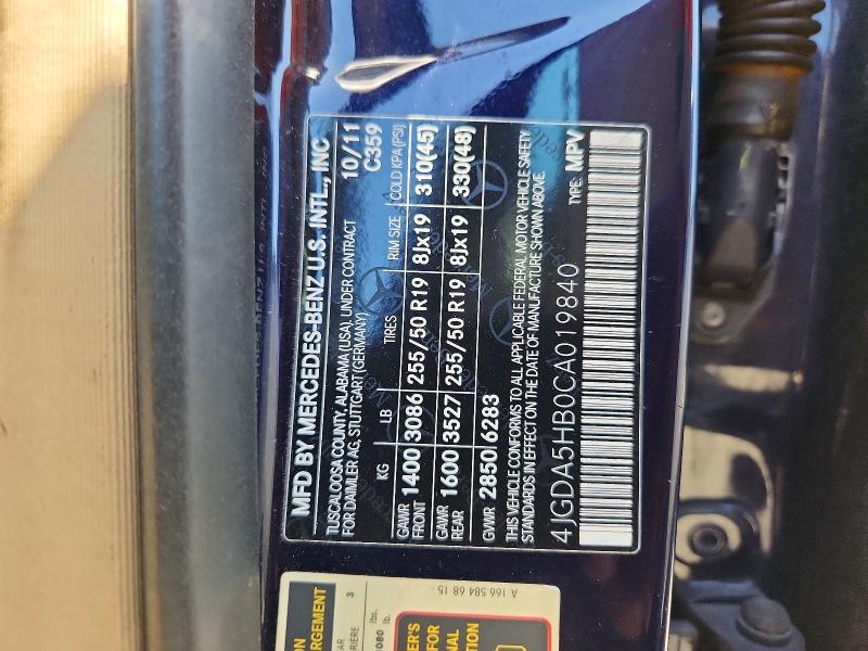 56168336 :رقم المزاد ، 4JGDA5HB0CA019840 vin ، 2012 Mercedes-benz Ml مزاد بيع