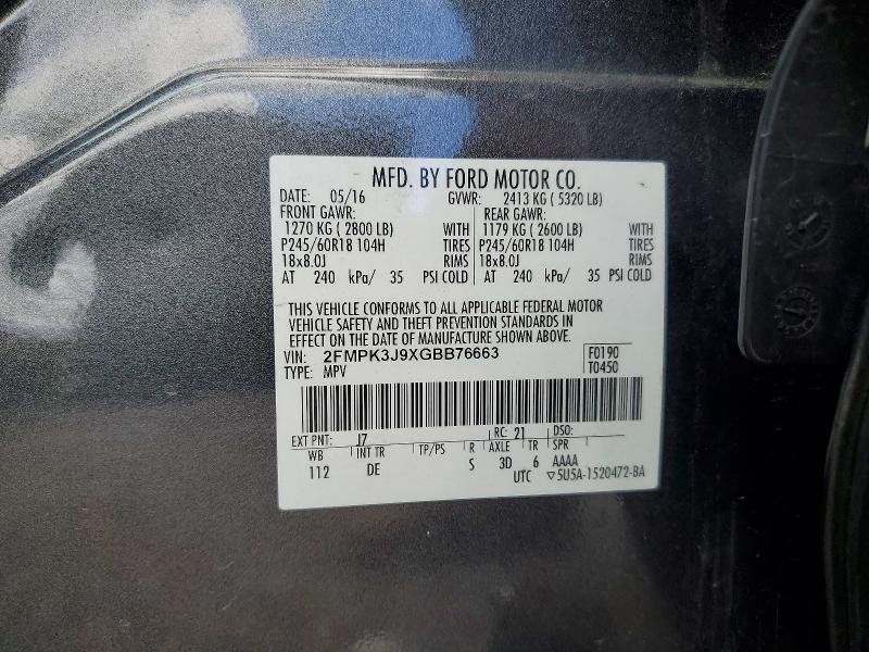 Auction sale of the 2016 Ford Edge, vin: 2FMPK3J9XGBB76663, lot number: 57832306