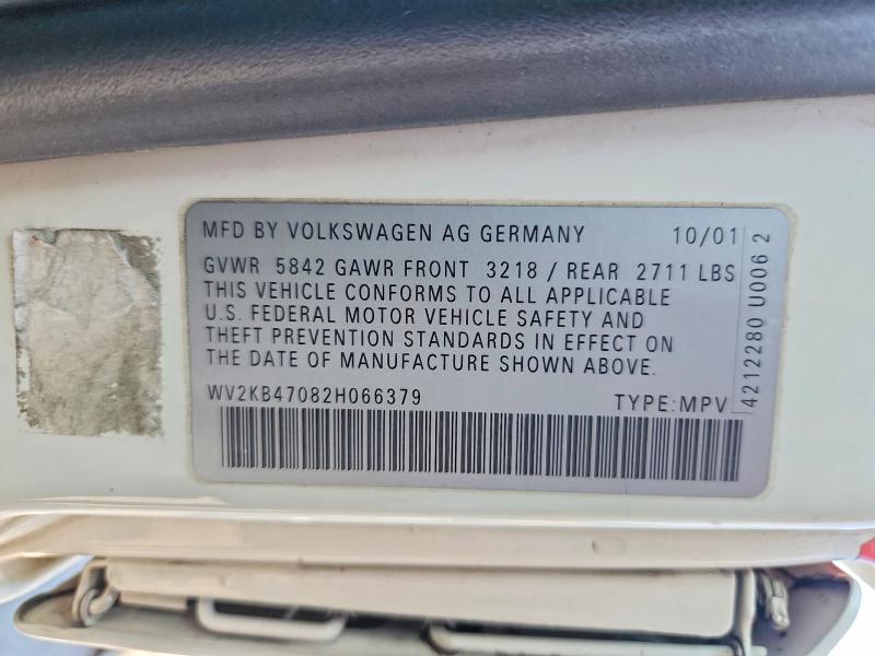 57187786 :رقم المزاد ، WV2KB47082H066379 vin ، 2002 Volkswagen Eurovan مزاد بيع
