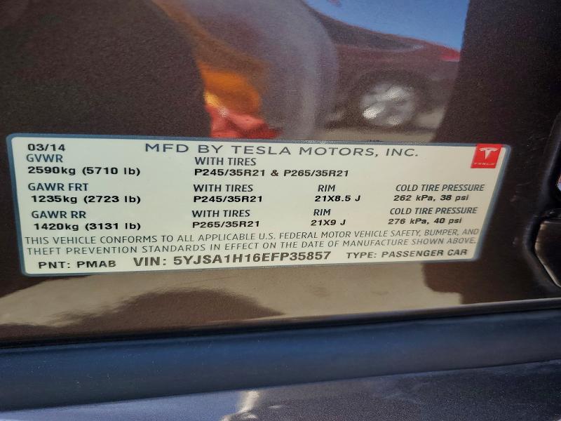 2014 Tesla Model S მანქანა იყიდება აუქციონზე, vin: 5YJSA1H16EFP35857, აუქციონის ნომერი: 85622675