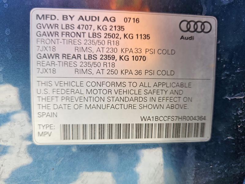 Aukcja sprzedaży 2017 Audi Q3, vin: WA1BCCFS7HR004364, numer aukcji: 57585806