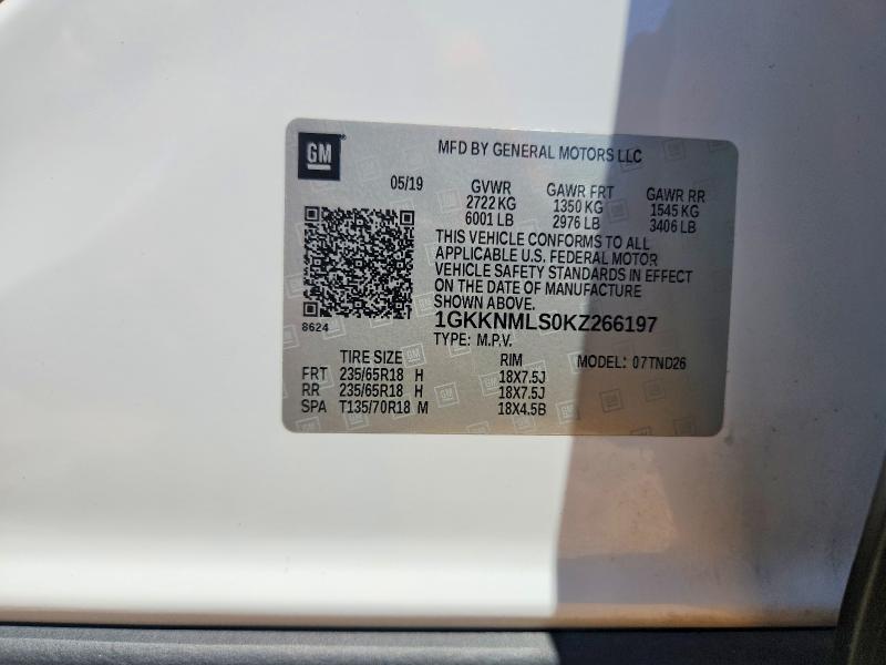 56109426 :رقم المزاد ، 1GKKNMLS0KZ266197 vin ، 2019 Gmc Acadia مزاد بيع