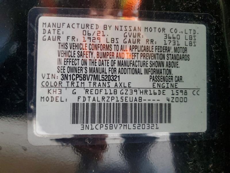 58599356 :رقم المزاد ، 3N1CP5BV7ML520321 vin ، 2021 Nissan Kicks مزاد بيع