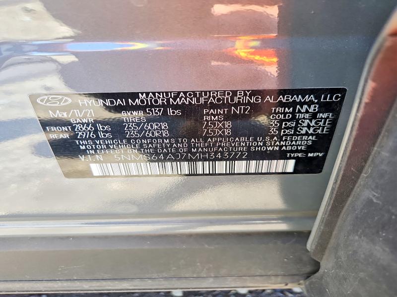Aukcja sprzedaży 2021 Hyundai Santa Fe, vin: 5NMS64AJ7MH343772, numer aukcji: 58002056