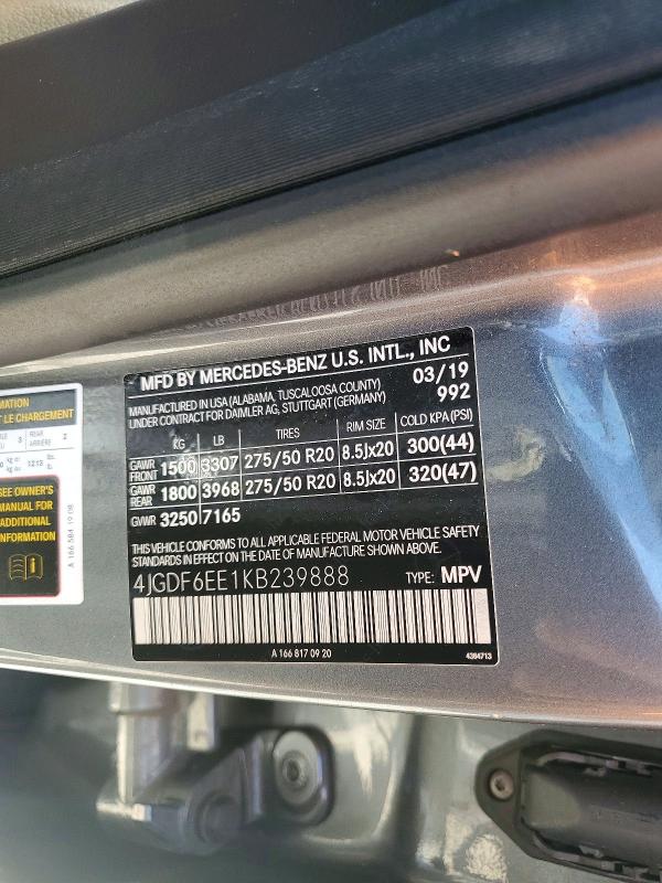 57183856 :رقم المزاد ، 4JGDF6EE1KB239888 vin ، 2019 Mercedes-benz Gls مزاد بيع