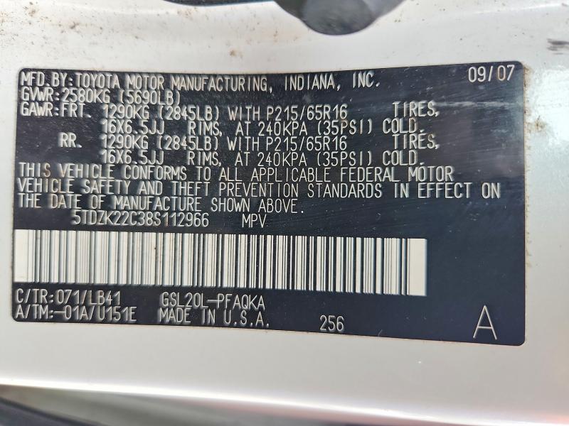 57969056 :رقم المزاد ، 5TDZK22C38S112966 vin ، 2008 Toyota Sienna مزاد بيع