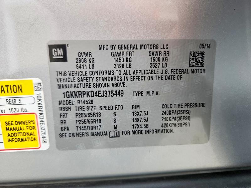 57950216 :رقم المزاد ، 1GKKRPKD4EJ375449 vin ، 2014 Gmc Acadia مزاد بيع