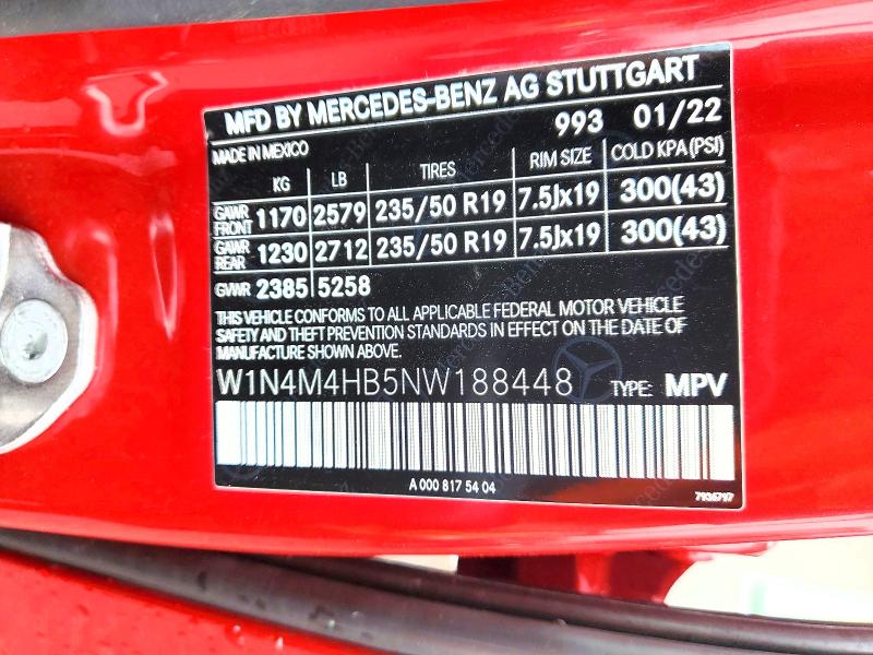 57882186 :رقم المزاد ، W1N4M4HB5NW188448 vin ، 2022 Mercedes-benz Glb مزاد بيع