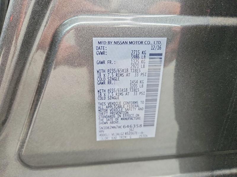 58252076 :رقم المزاد ، 5N1DR2MN7HC646358 vin ، 2017 Nissan Pathfinder مزاد بيع