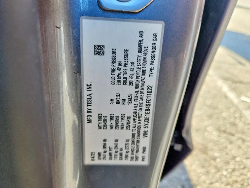 2025 Tesla Model 3 მანქანა იყიდება აუქციონზე, vin: 5YJ3E1EB4SF011022, აუქციონის ნომერი: 57969806