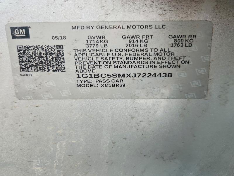 2018 Chevrolet Cruze მანქანა იყიდება აუქციონზე, vin: 1G1BC5SMXJ7224438, აუქციონის ნომერი: 58204676