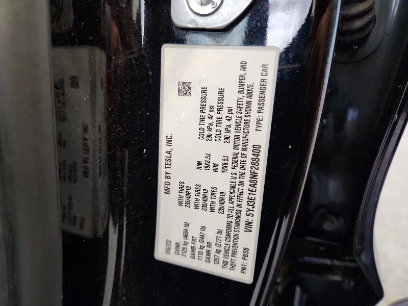 2022 Tesla Model 3 მანქანა იყიდება აუქციონზე, vin: 5YJ3E1EA8NF288400, აუქციონის ნომერი: 58684046