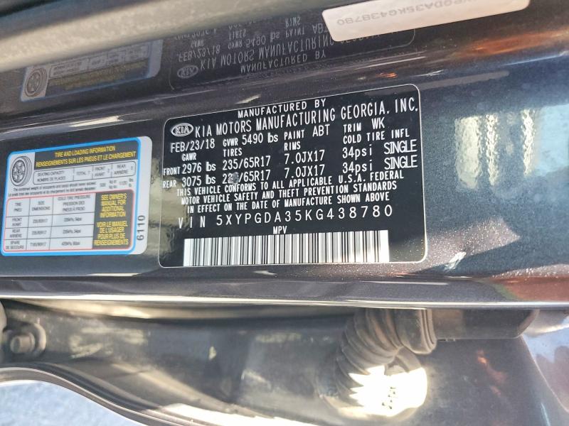 Продаж на аукціоні авто 2019 Kia Sorento, vin: 5XYPGDA35KG438780, номер лоту: 58292676