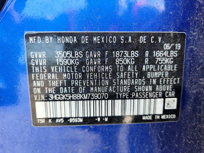 Продажа на аукционе авто 2019 Honda Fit, vin: 3HGGK5H88KM739070, номер лота: 56239556