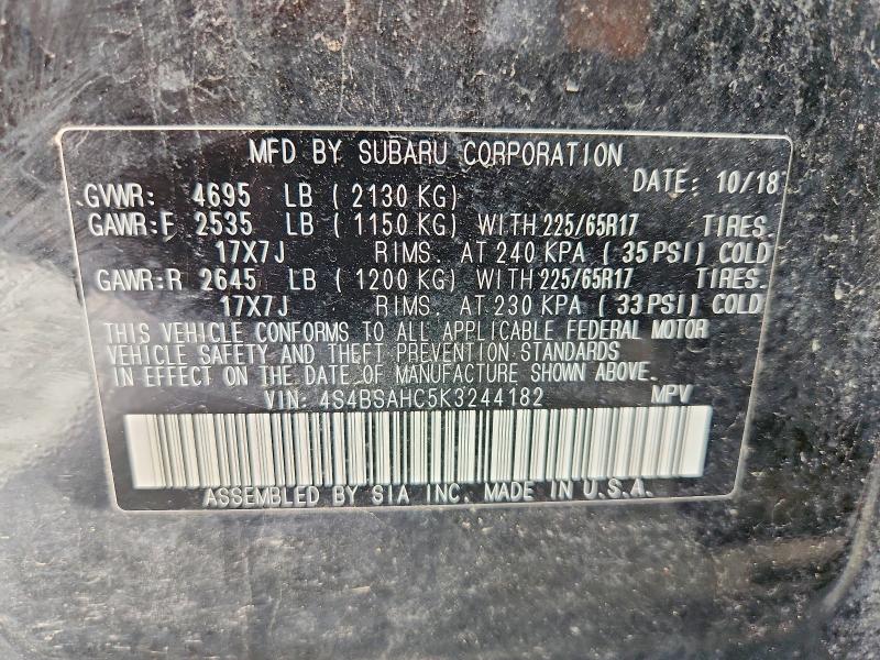 2019 Subaru Outback მანქანა იყიდება აუქციონზე, vin: 4S4BSAHC5K3244182, აუქციონის ნომერი: 58224146