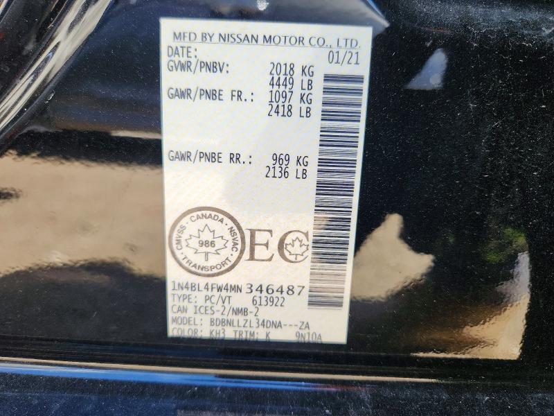 57683186 :رقم المزاد ، 1N4BL4FW4MN346487 vin ، 2021 Nissan Altima مزاد بيع