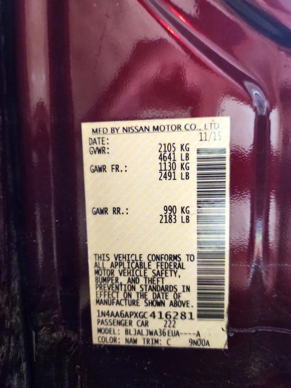2016 Nissan Maxima მანქანა იყიდება აუქციონზე, vin: 1N4AA6APXGC416281, აუქციონის ნომერი: 57217676