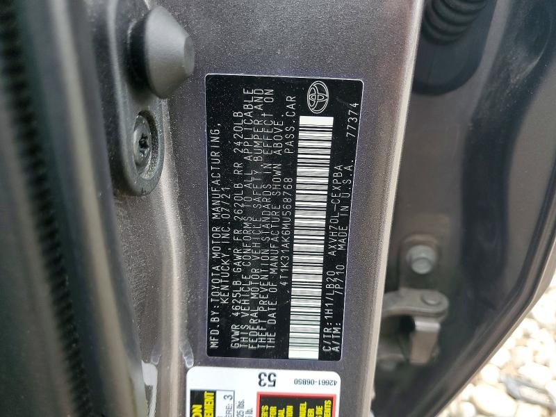 2021 Toyota Camry მანქანა იყიდება აუქციონზე, vin: 4T1K31AK6MU568768, აუქციონის ნომერი: 58563946