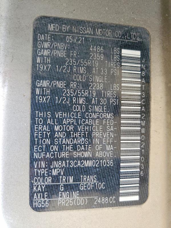 2021 Nissan Rogue მანქანა იყიდება აუქციონზე, vin: JN8AT3CA2MW021036, აუქციონის ნომერი: 56507136