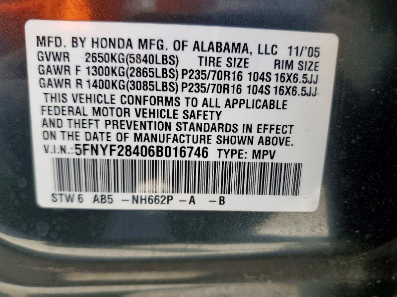 Aukcja sprzedaży 2006 Honda Pilot, vin: 5FNYF28406B016746, numer aukcji: 58291866