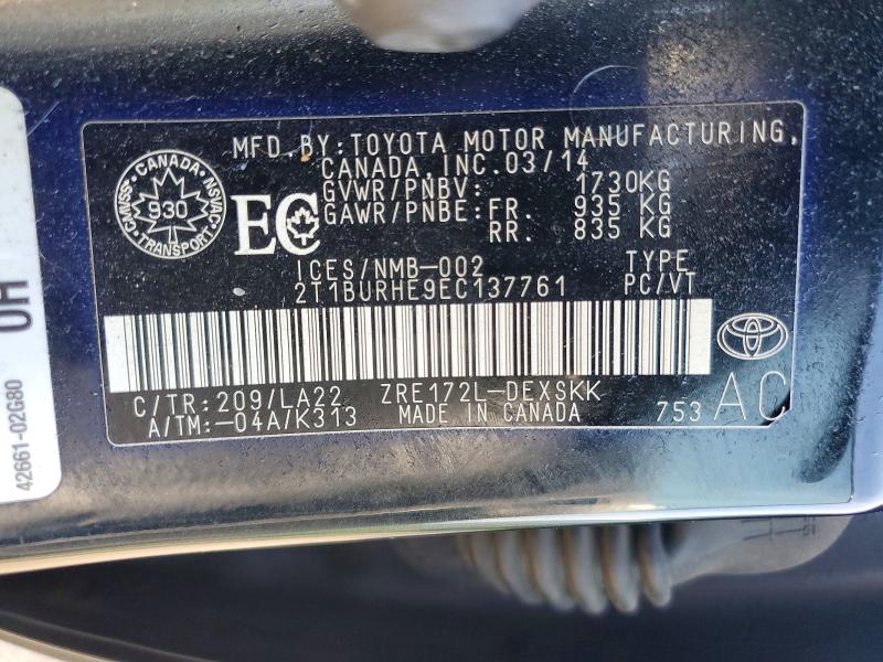 2014 Toyota Corolla მანქანა იყიდება აუქციონზე, vin: 2T1BURHE9EC137761, აუქციონის ნომერი: 55080416