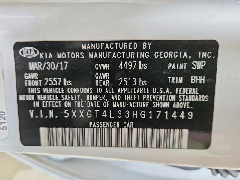 2017 Kia Optima მანქანა იყიდება აუქციონზე, vin: 5XXGT4L33HG171449, აუქციონის ნომერი: 56847056