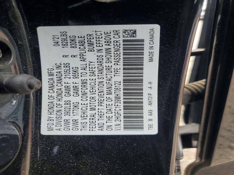 Aukcja sprzedaży 2021 Honda Civic, vin: 2HGFC1F39MH706122, numer aukcji: 57885566
