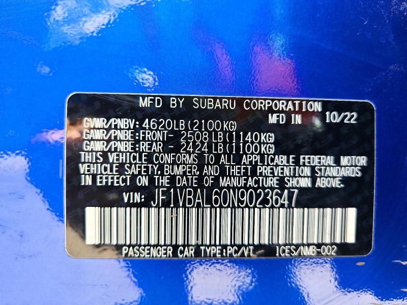Продажа на аукционе авто 2022 Subaru Wrx, vin: JF1VBAL60N9023647, номер лота: 56826286