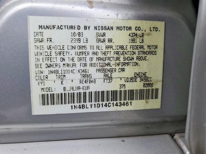 2004 Nissan Altima მანქანა იყიდება აუქციონზე, vin: 1N4BL11D14C143461, აუქციონის ნომერი: 58394536