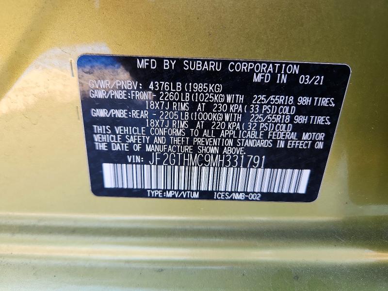 Aukcja sprzedaży 2021 Subaru Crosstrek, vin: JF2GTHMC9MH331791, numer aukcji: 57916556