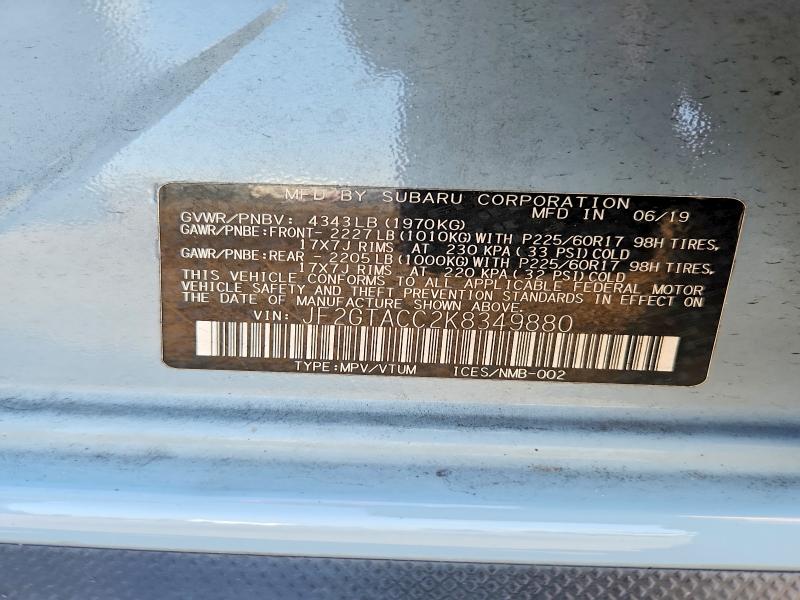 Aukcja sprzedaży 2019 Subaru Crosstrek, vin: JF2GTACC2K8349880, numer aukcji: 57829496