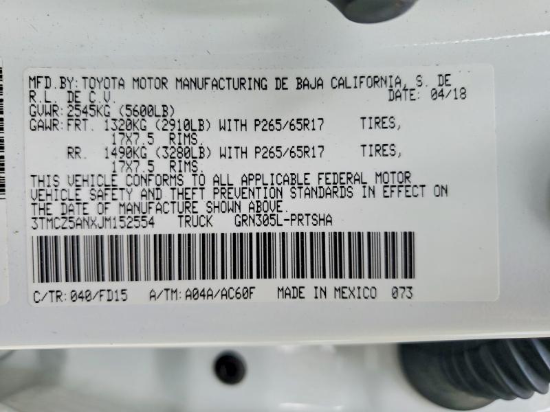 Продажа на аукционе авто 2018 Toyota Tacoma, vin: 3TMCZ5ANXJM152554, номер лота: 55767176