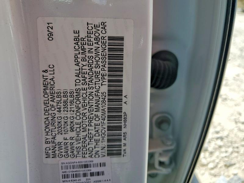 Продаж на аукціоні авто 2021 Honda Accord, vin: 1HGCV1F40MA108425, номер лоту: 55834366