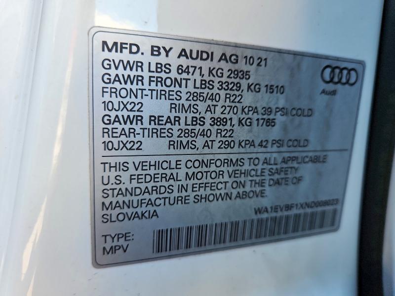2022 Audi Q8 მანქანა იყიდება აუქციონზე, vin: WA1EVBF1XND008023, აუქციონის ნომერი: 57587836