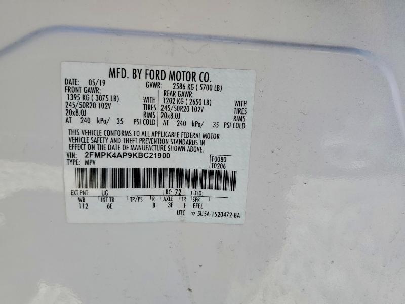 57186256 :رقم المزاد ، 2FMPK4AP9KBC21900 vin ، 2019 Ford Edge مزاد بيع