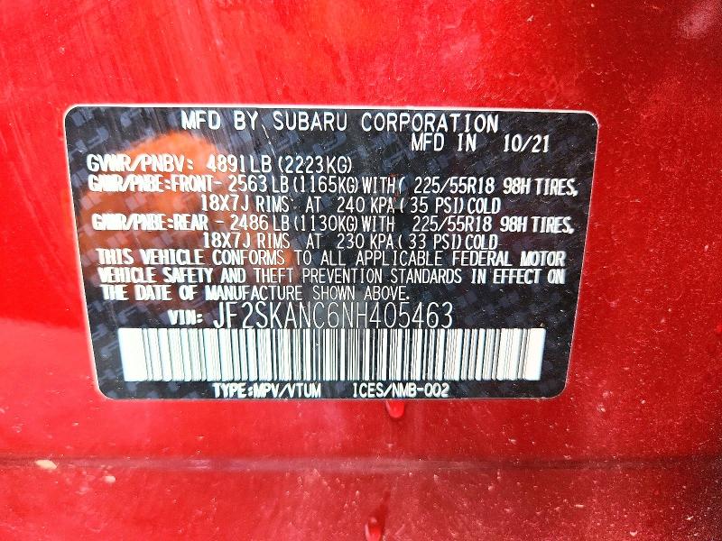 2022 Subaru Forester მანქანა იყიდება აუქციონზე, vin: JF2SKANC6NH405463, აუქციონის ნომერი: 56319916