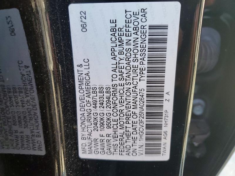 Продаж на аукціоні авто 2022 Honda Accord, vin: 1HGCV3F25NA026475, номер лоту: 57758096