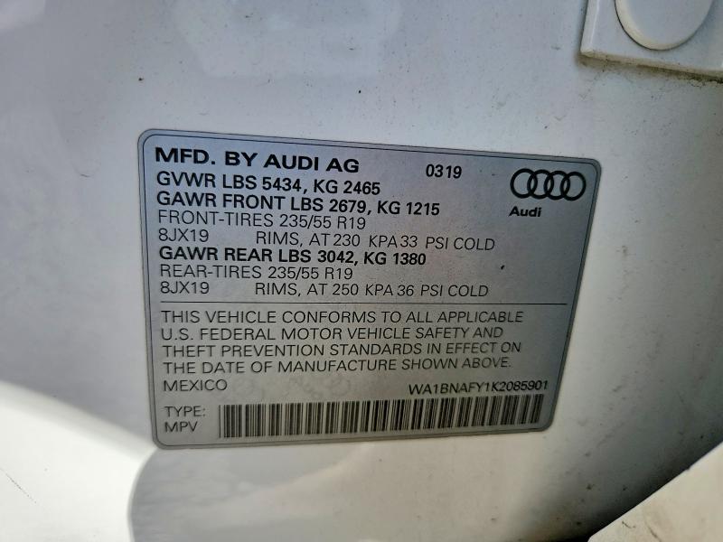 55978226 :رقم المزاد ، WA1BNAFY1K2085901 vin ، 2019 Audi Q5 مزاد بيع