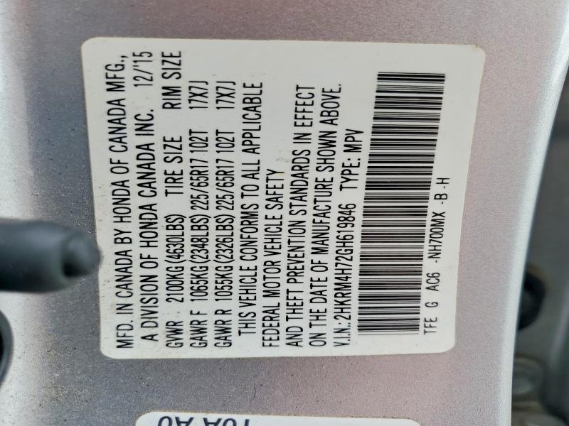 Продаж на аукціоні авто 2016 Honda Cr-v, vin: 2HKRM4H72GH619846, номер лоту: 55845906
