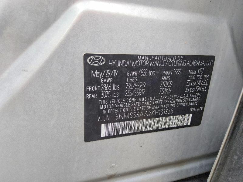 2019 Hyundai Santa Fe მანქანა იყიდება აუქციონზე, vin: 5NMS53AA2KH131338, აუქციონის ნომერი: 54452286