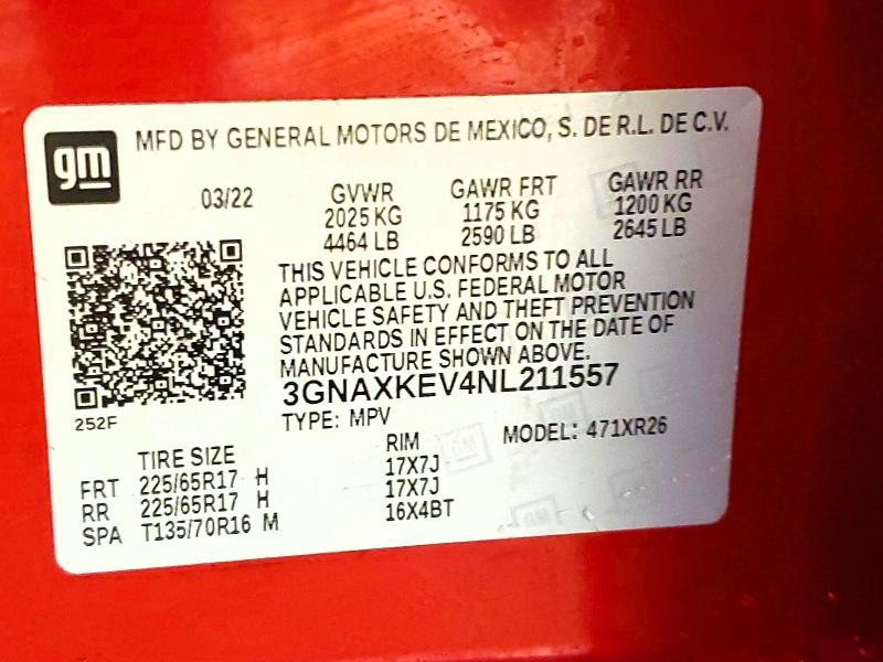 56030406 :رقم المزاد ، 3GNAXKEV4NL211557 vin ، 2022 Chevrolet Equinox مزاد بيع