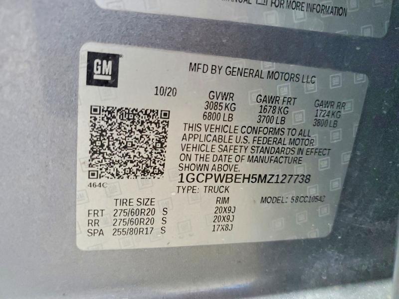 Aukcja sprzedaży 2021 Chevrolet Silverado, vin: 1GCPWBEH5MZ127738, numer aukcji: 55013816
