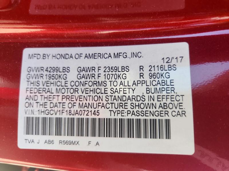 Продаж на аукціоні авто 2018 Honda Accord, vin: 1HGCV1F18JA072145, номер лоту: 55923386